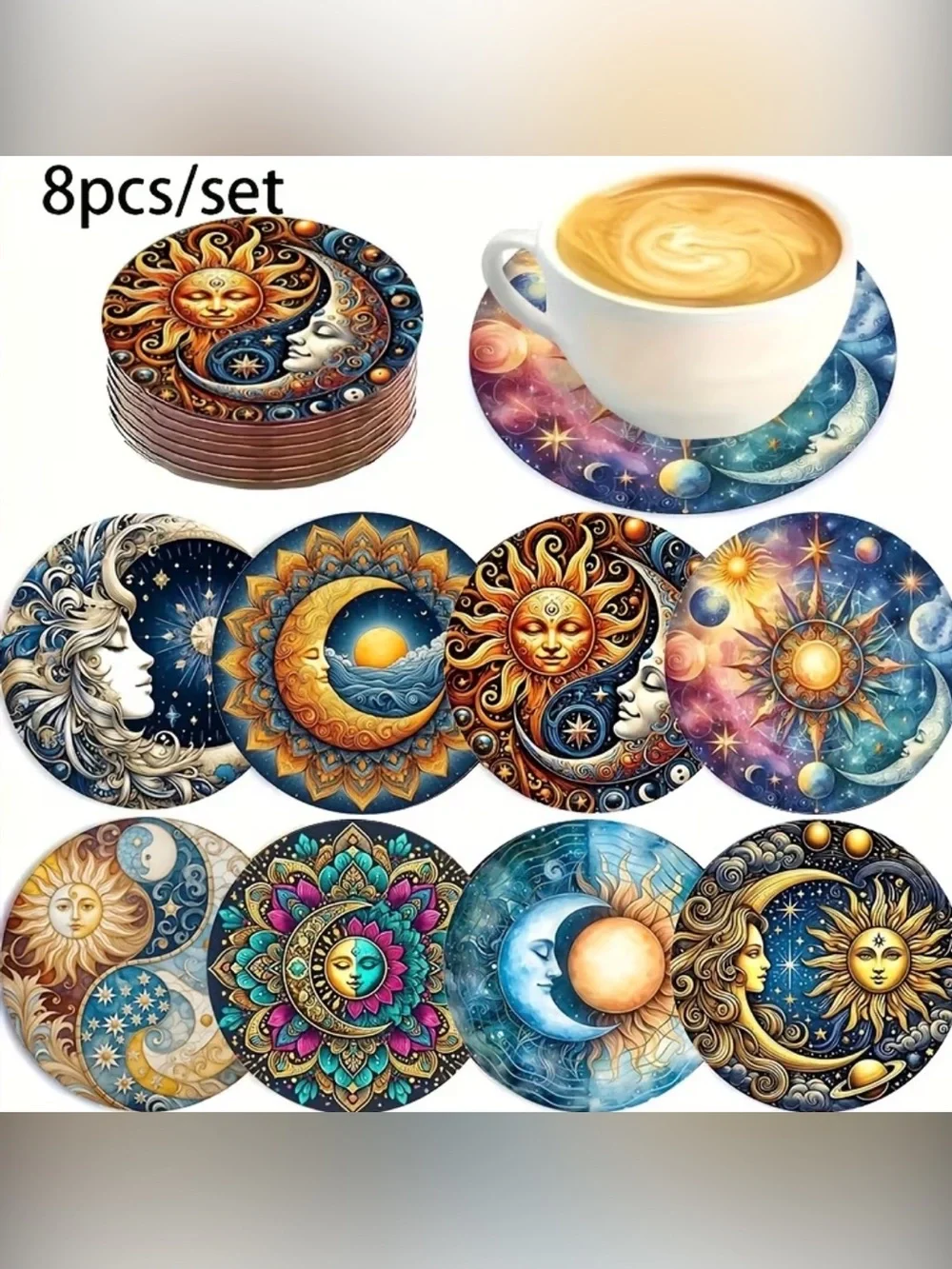 8 Piece Celestial Sun & Moon Round Drink Coasters – Multicolor Set